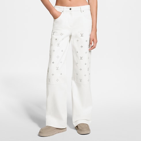 Calça Jeans Pantalona com Assinaturas em Paetês – Vista Cortada