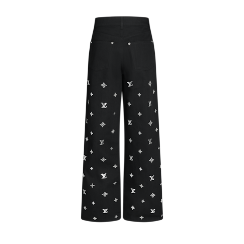 Calça Jeans Pantalona com Assinaturas em Paetês – Vista Traseira