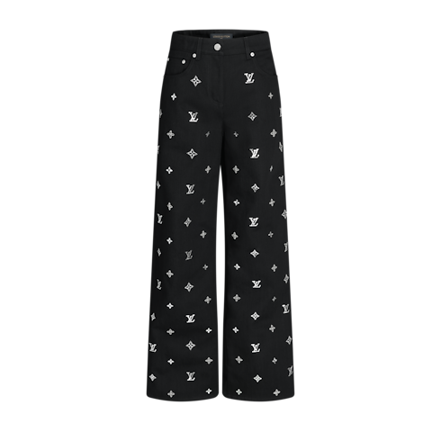 Calça Jeans Pantalona com Assinaturas em Paetês – Vista Frontal