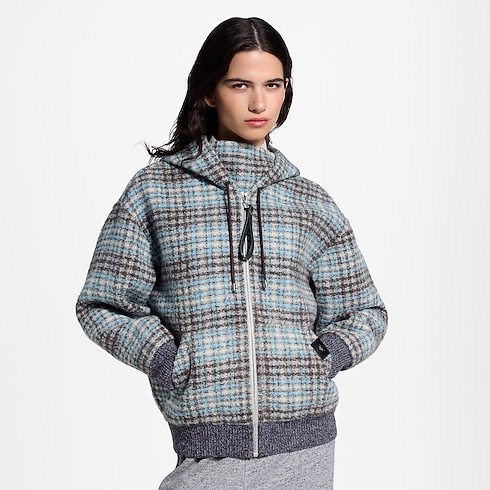 Jaqueta Esportiva em Tweed Xadrez com Zíper – Vista Cortada