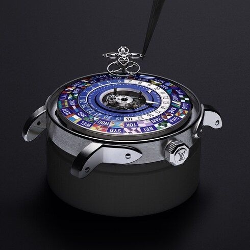 Todos os Relógios } Relógio Louis Vuitton Escale Worldtime Turbilhão Volante, Movimento Automático, 40 mm, em Platina | Louis Vuitton ®